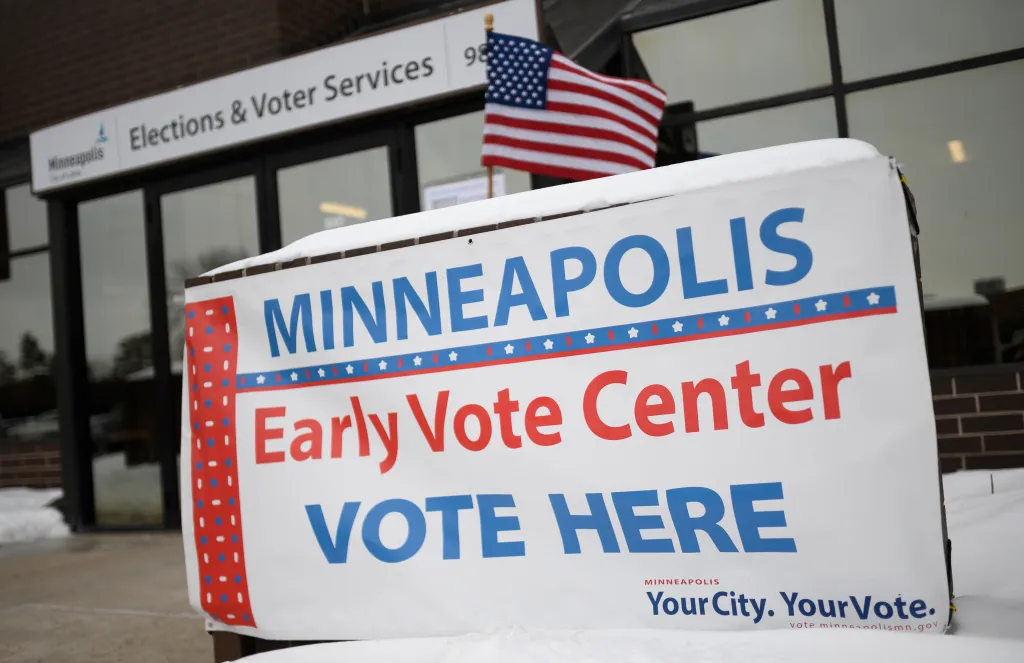 Signage directs people outside the Minneapolis Early Vote Center on Jan. 17, 2020.