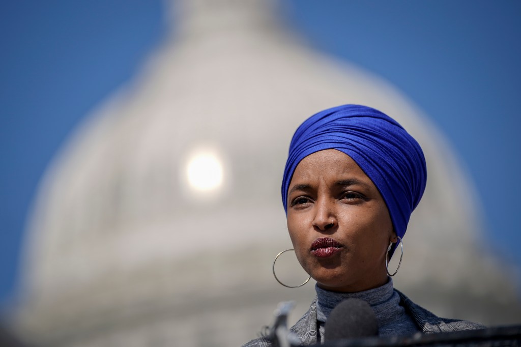 Rep. Ilhan Omar speaking during a news conference to discuss the Rent and Mortgage Cancellation Act.