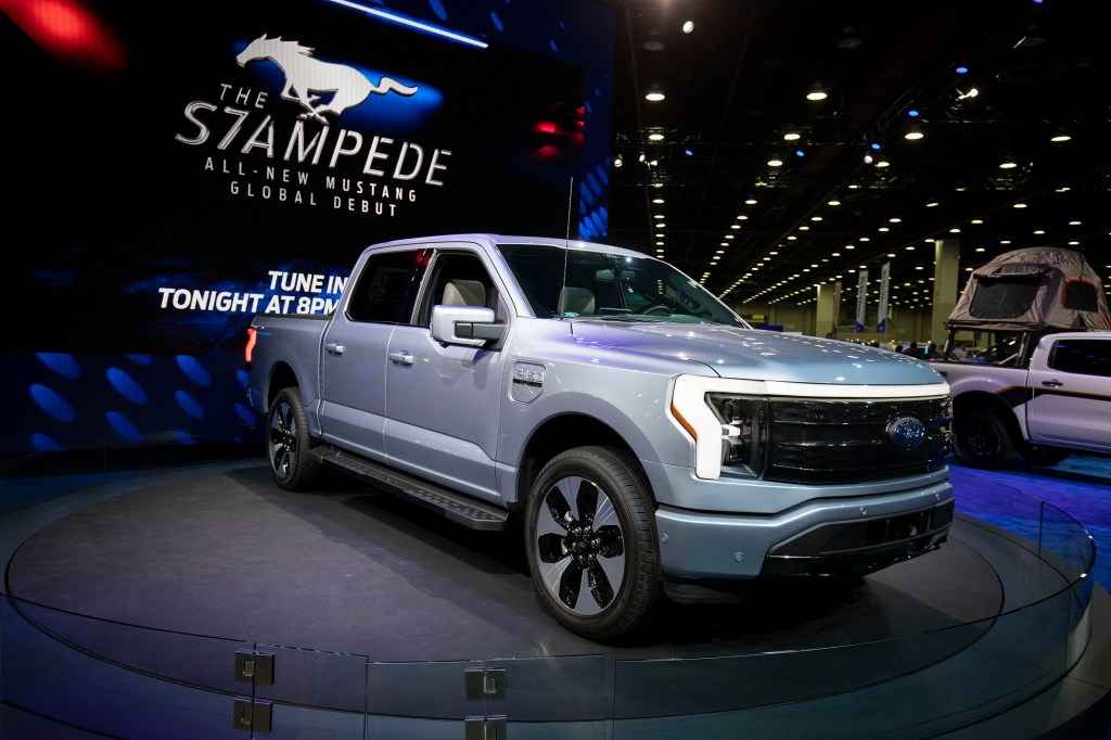 A Ford F-150 Lightning electric pickup truck on display at the North American International Auto Show.