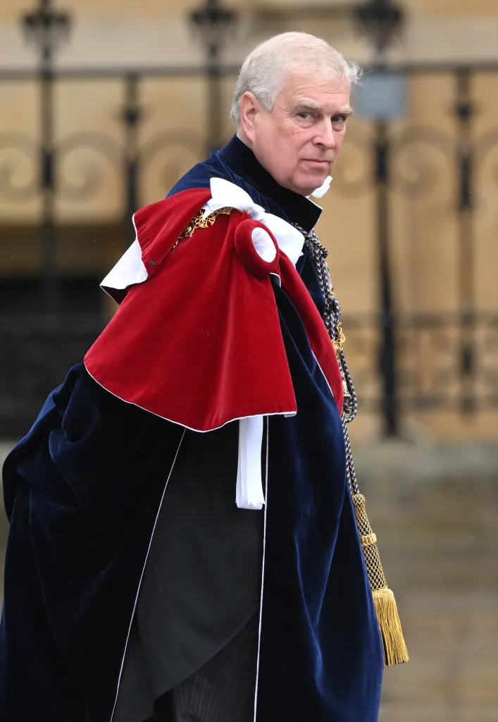 Prince Andrew, Duke of York, in ceremonial robes after the coronation of King Charles III.
