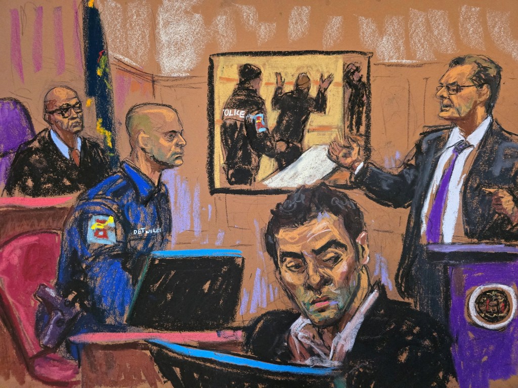 Illustration of Officer Joseph Detwiler testifying about arresting Luigi Mangione, who is seated in the foreground, during a court hearing.