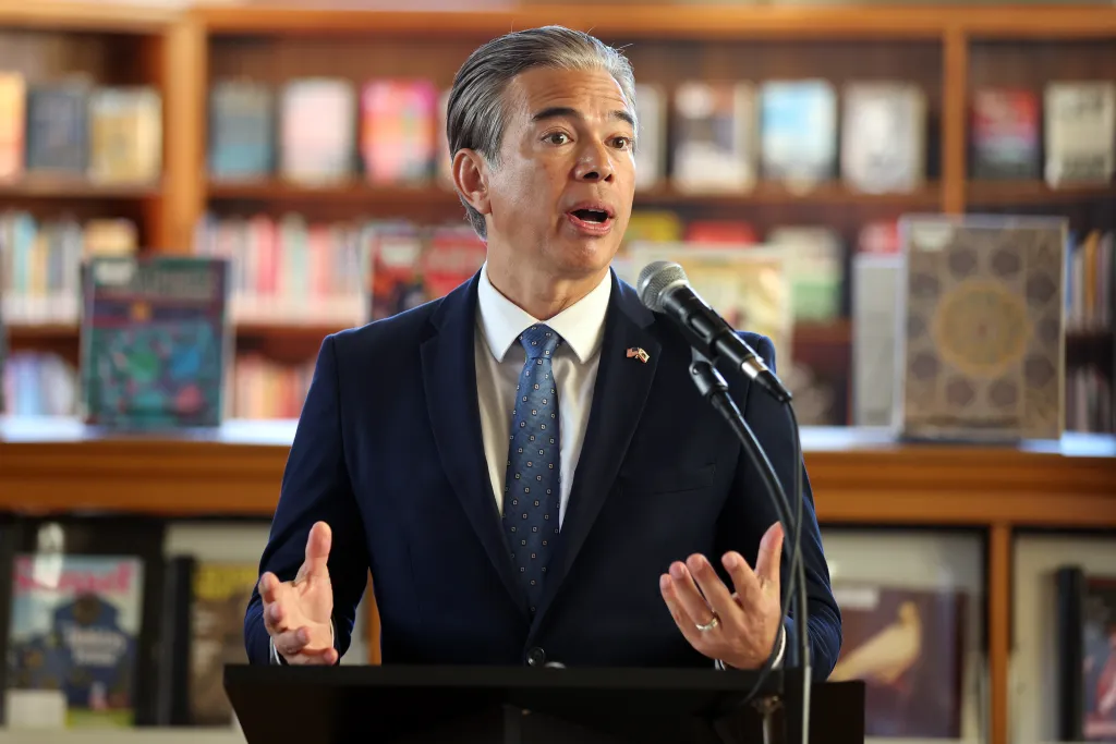 California Attorney General Rob Bonta speaking at a press conference on immigrant community safeguards.
