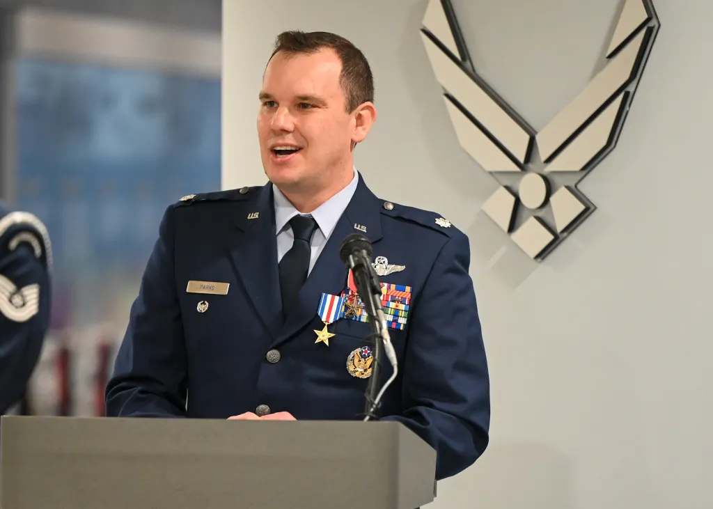 Lt. Col. William Parks speaks to the audience during a ceremony at the Pentagon, Arlington, Va., Nov. 26, 2025.