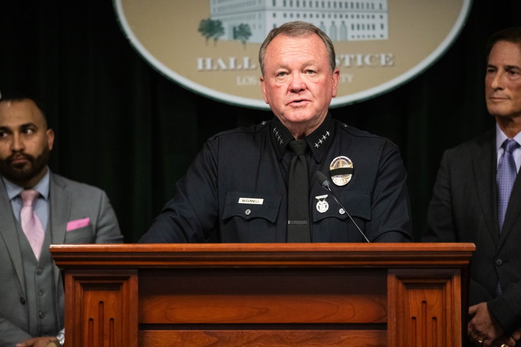 LAPD Chief Jim McDonnell speaking at a press conference.