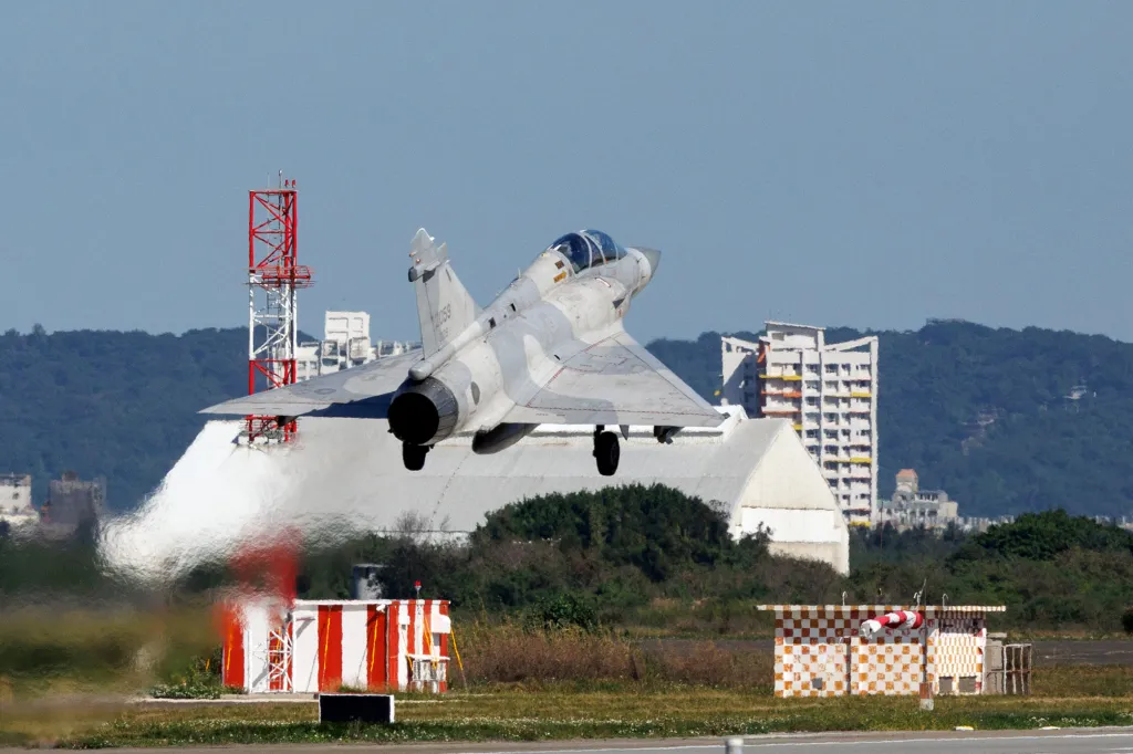A Taiwan Air Force Mirage 2000 fighter jet takes off.