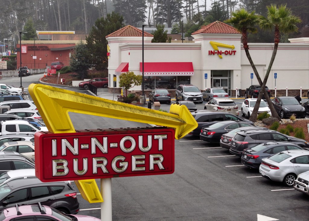 Aerial view of an In-N-Out Burger restaurant in Daly City, California.