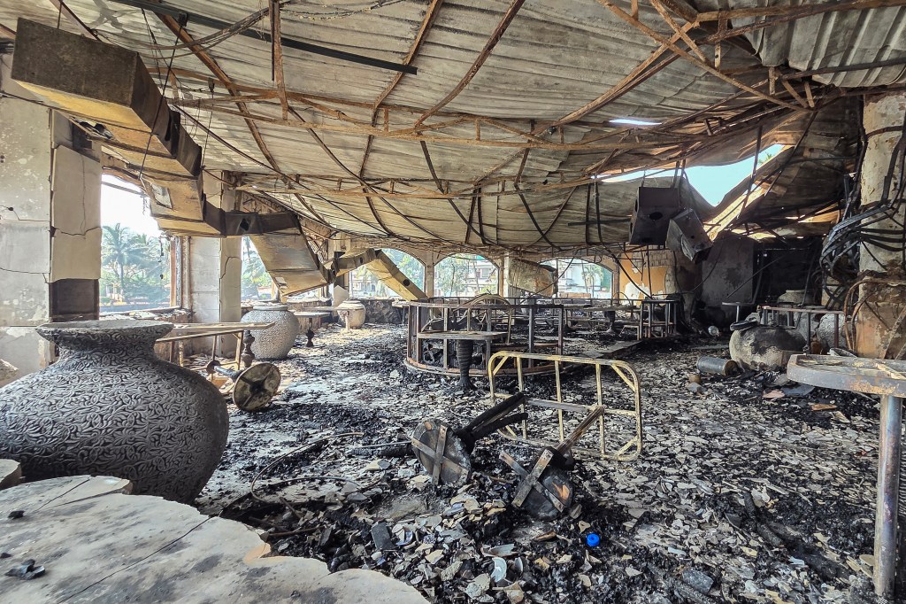 A burned-out interior is seen inside the Birch nightclub following a fire that broke out around midnight, in India on December 7, 2025