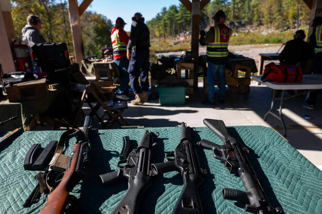 Guns sit on a table at a shooting range in Greeley, Pennsylvania.