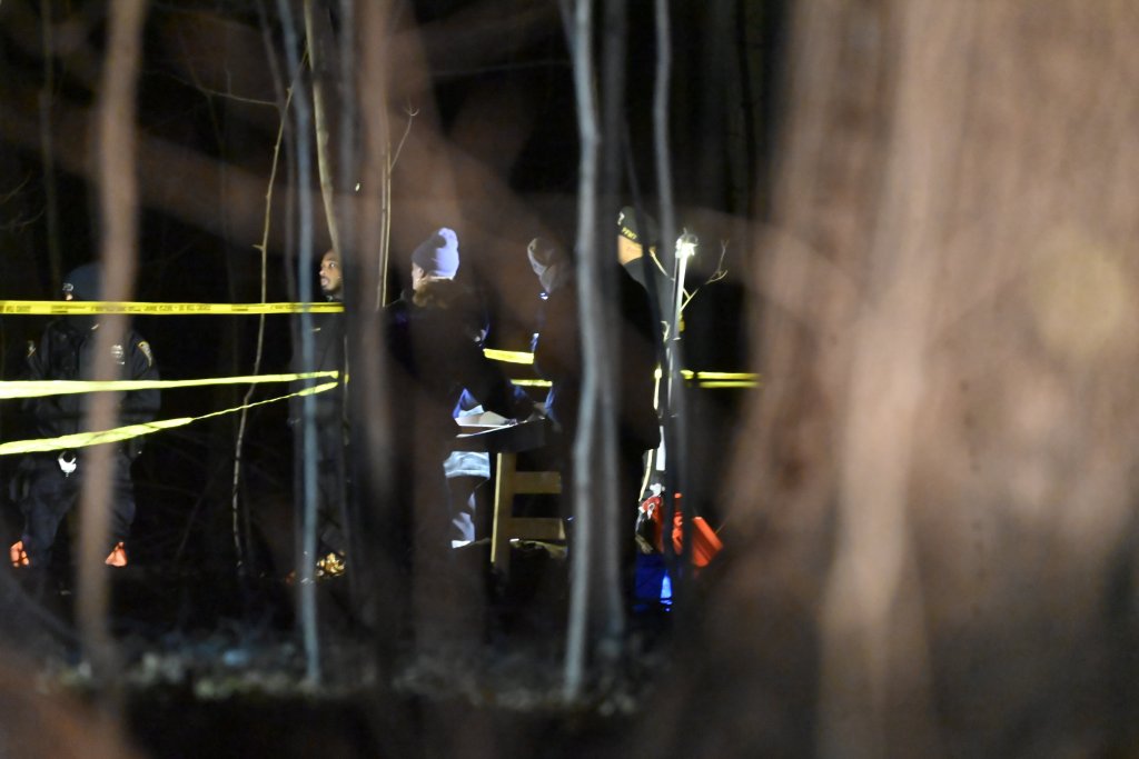Police and investigators examining a wooded area with yellow crime scene tape visible.