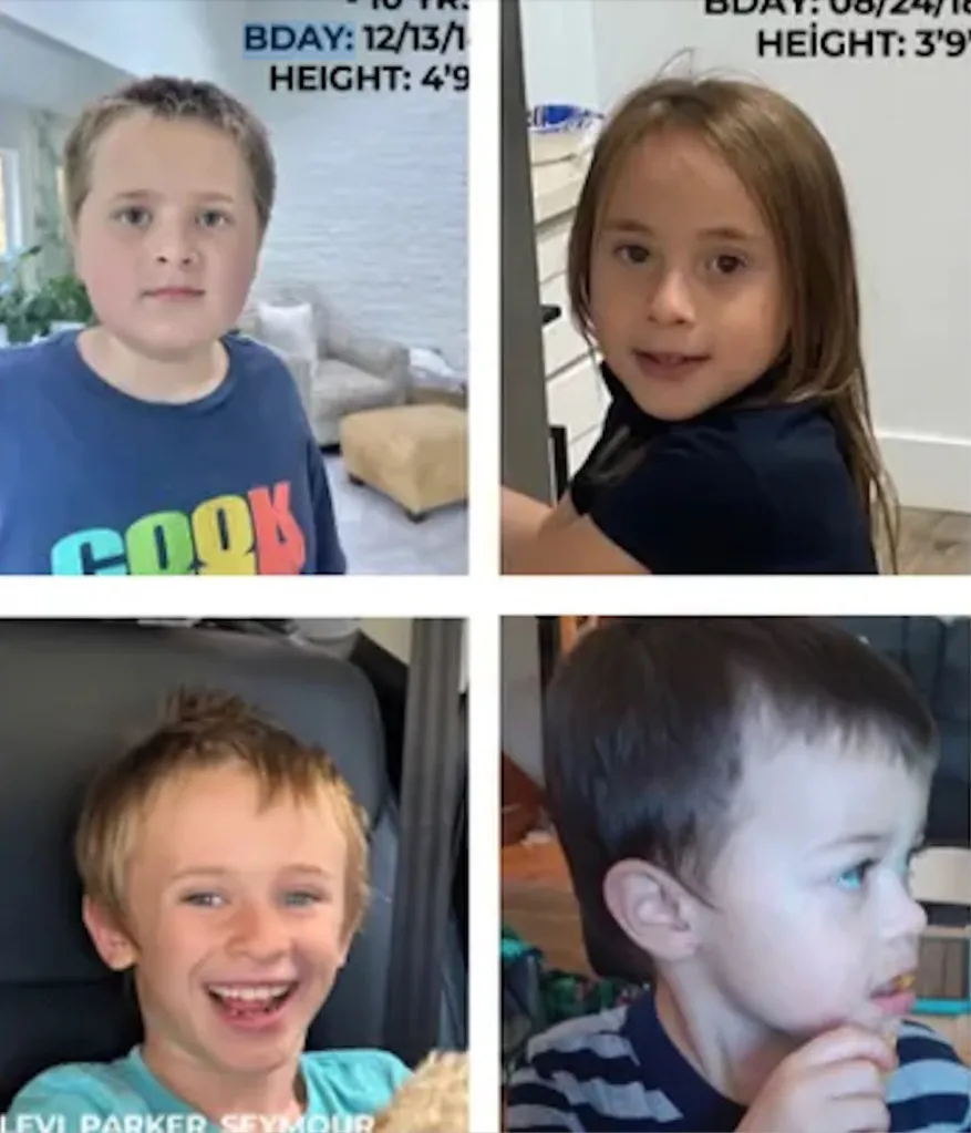 Collage of four photos of abducted children: Landon Hal Seymour, Hazel Rae Seymour, Levi Parker Seymour, and Jacob Kurt Brady.