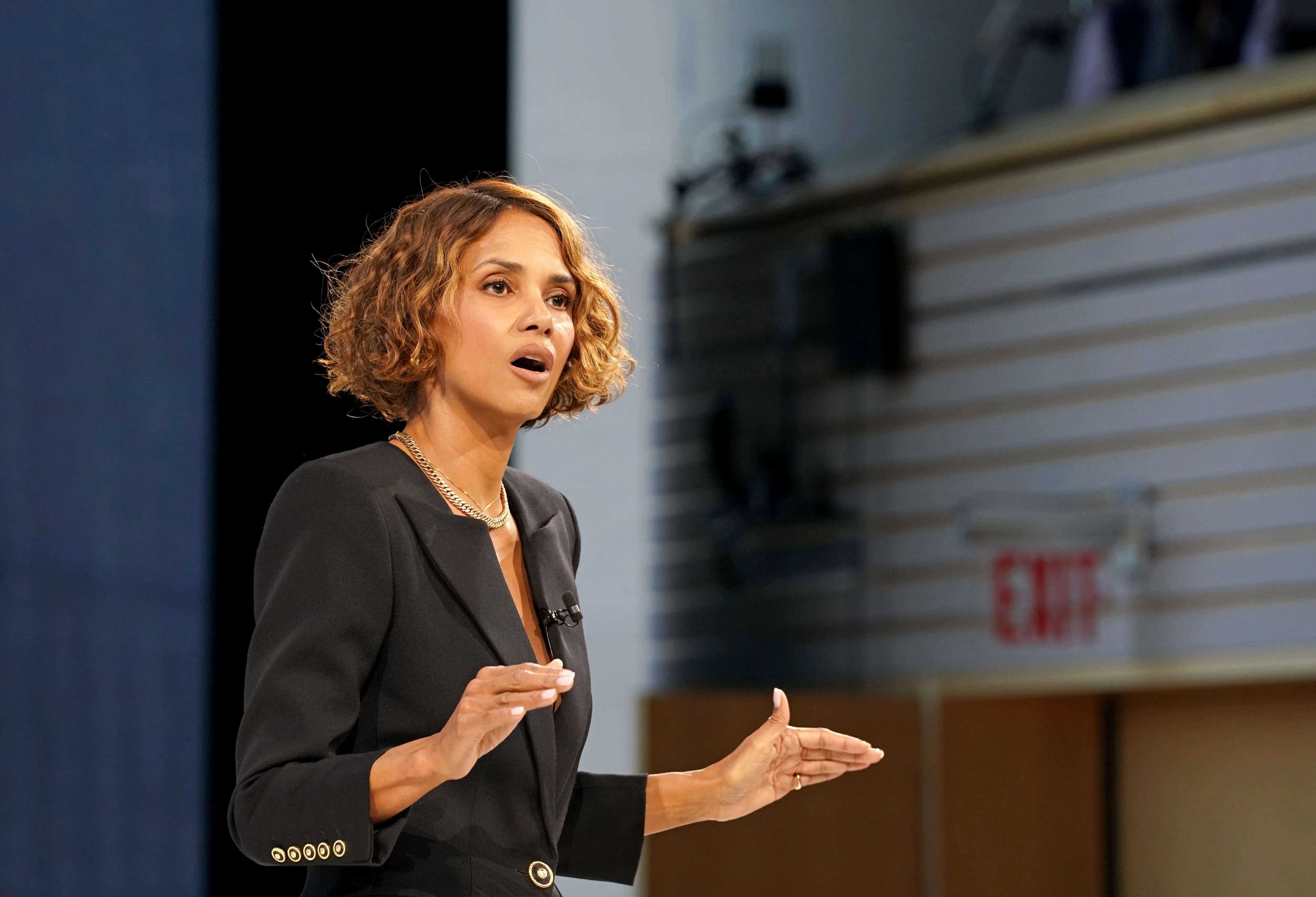 Halle Berry speaking at The New York Times DealBook Summit 2025.