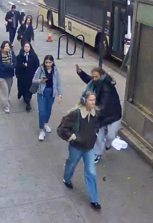 Surveillance footage of Amelia Lewis being attacked on Broadway in New York by an unidentified man.