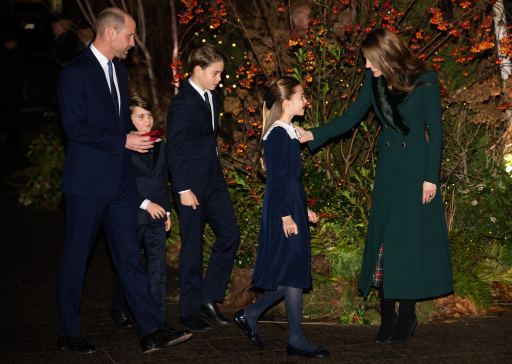 Prince William, Princess Catherine, Prince George, Princess Charlotte, and Prince Louis walking together.