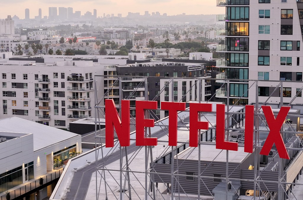 Aerial view of the Netflix logo above corporate offices in Los Angeles.