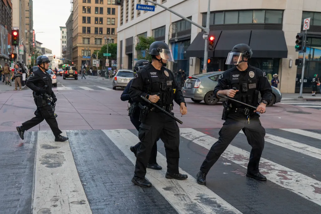 Police in riot gear during a 
