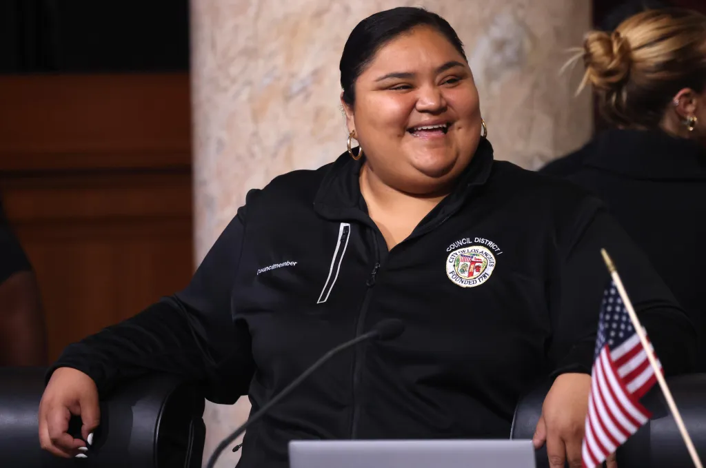 Los Angeles City Council member Eunisses Hernandez smiling during proceedings to confirm Deputy Chief Jaime Moore as the new LAFD chief.