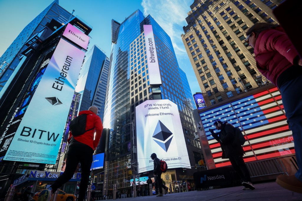 Bitwise and Ethereum advertisements on billboards in Times Square, New York, US.
