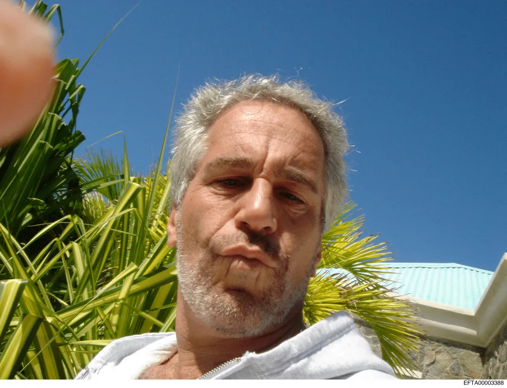 Jeffrey Epstein is shown in a selfie, with a finger in the top left corner, against a background of tropical plants and a blue sky.