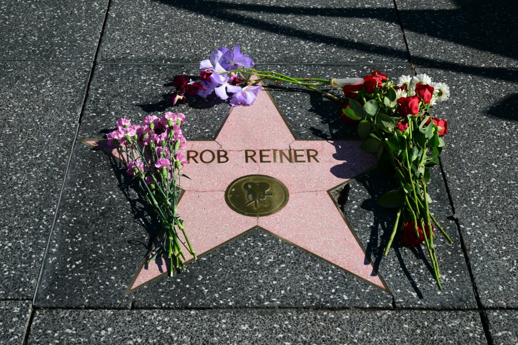 Flowers laid on Rob Reiner's star on the Hollywood Walk of Fame.