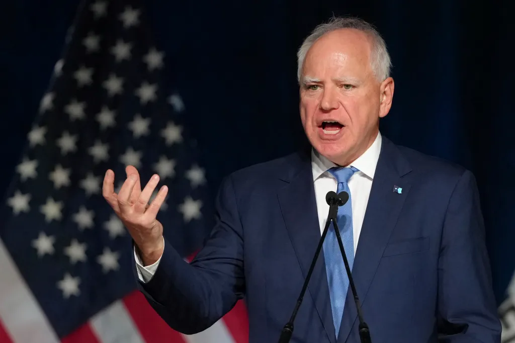 Minnesota Gov. Tim Walz speaking at the California Democratic Party's 2025 State Convention.
