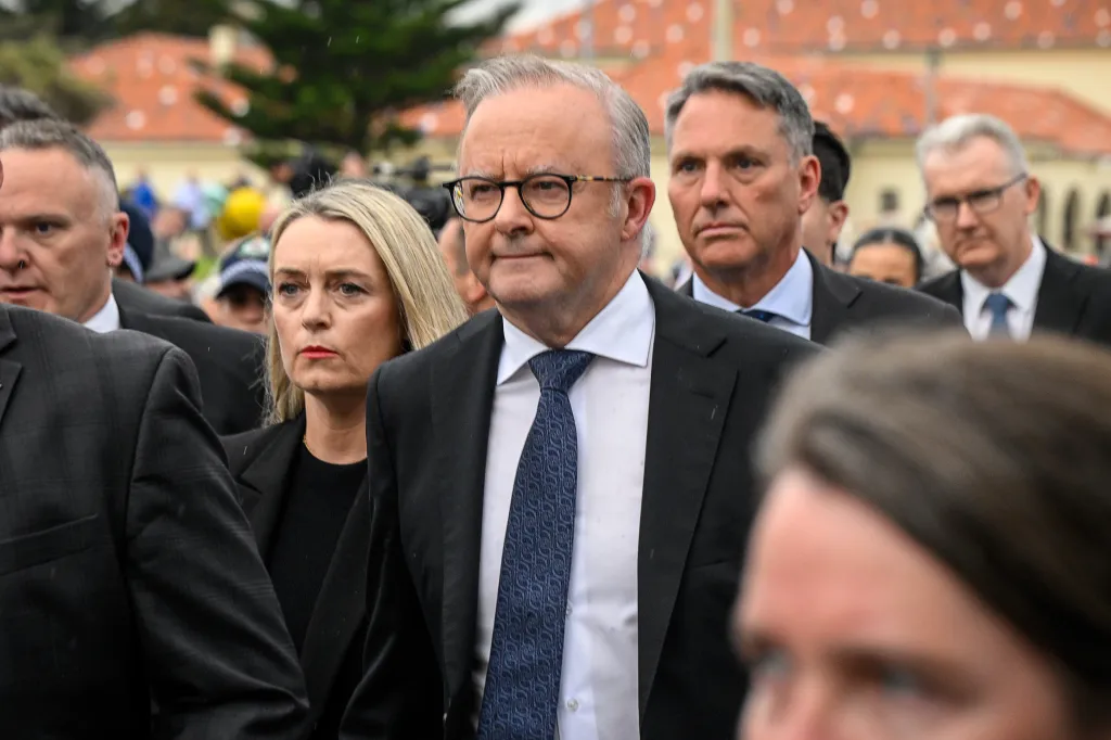 Australian Prime Minister Anthony Albanese and his wife Jodie Haydon arrive at a memorial for the victims of the Bondi Beach terror attack on Dec. 21, 2025, in Sydney, Australia.