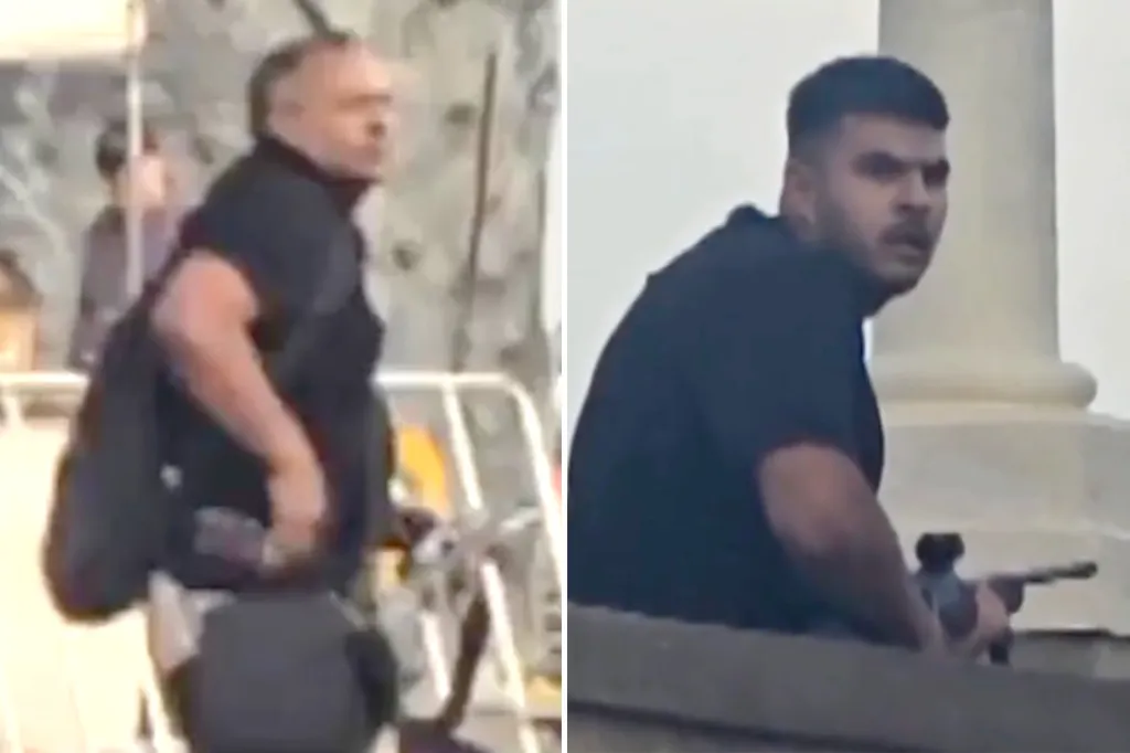 Video collage showing Sajid Akram (left) and Naveed Akram (right) with guns.