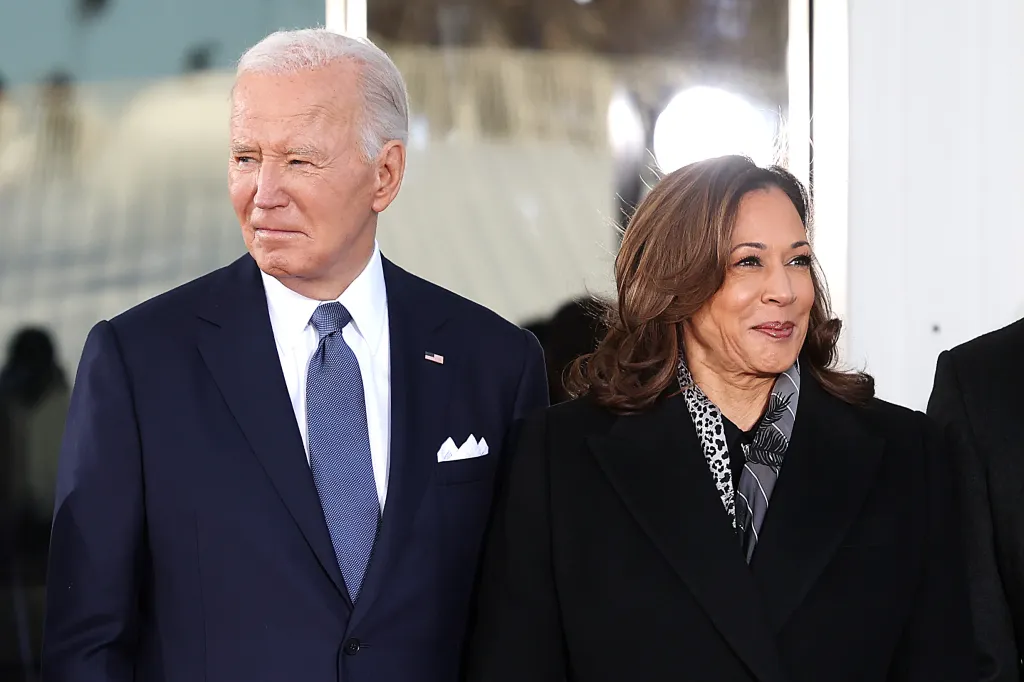 U.S. President Joe Biden and U.S. Vice President Kamala Harris standing at the White House.