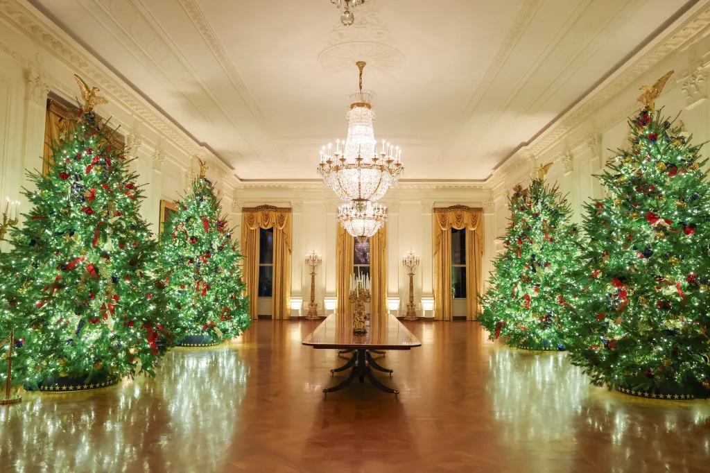 Christmas decorations are seen in the East Room during an advance tour of the 2025 White House Christmas decorations.