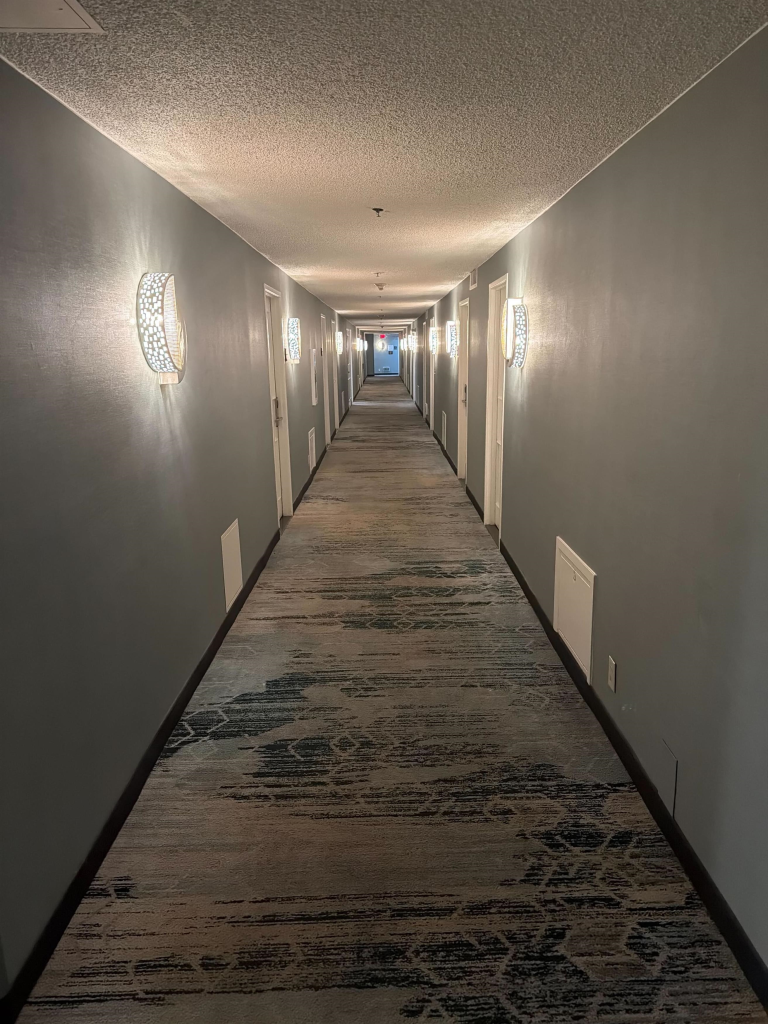 A hallway on the second floor of the Pierside Hotel.