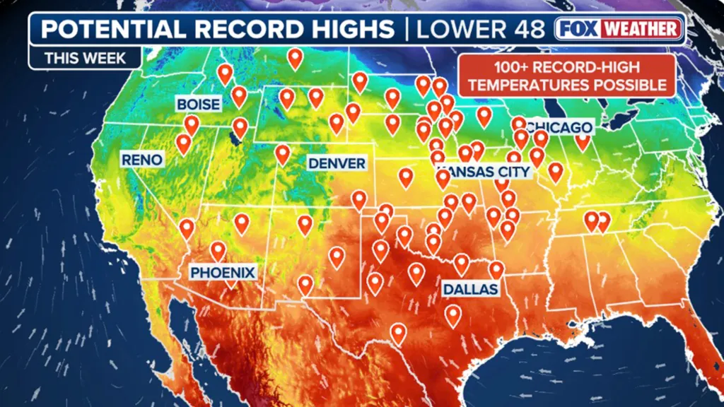 Map of the Lower 48 states showing potential record-high temperatures in over 100 locations, with warmer colors indicating higher temperatures.