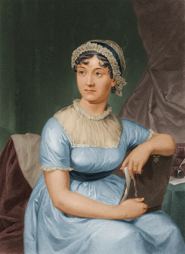 Illustration of Jane Austen wearing a blue dress and white cap, holding a book.