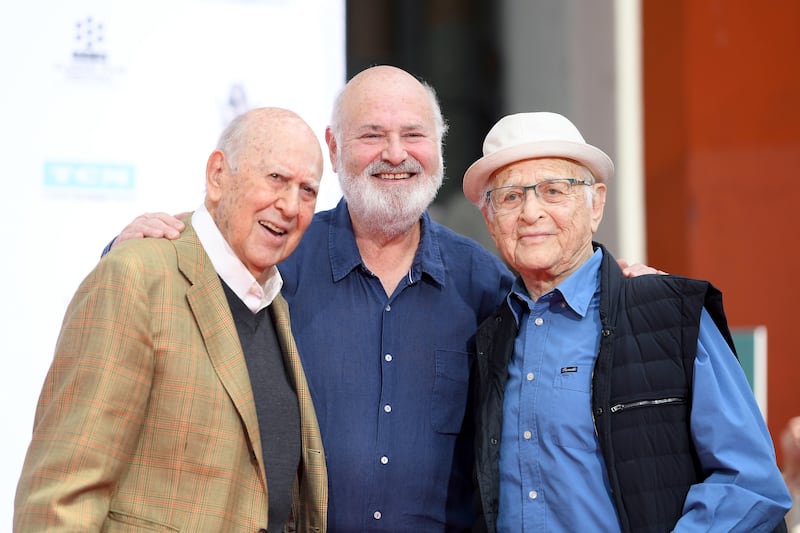 LOS ANGELES, CA - APRIL 07: (L-R) Honorees Carl Reiner and Rob Reiner and producer Norman Lear attend the Carl and Rob Reiner Hand and Footprint Ceremony during the 2017 TCM Classic Film Festival on April 7, 2017 in Los Angeles, California. 26657_003 (Photo by Matt Winkelmeyer/Getty Images for TCM)
