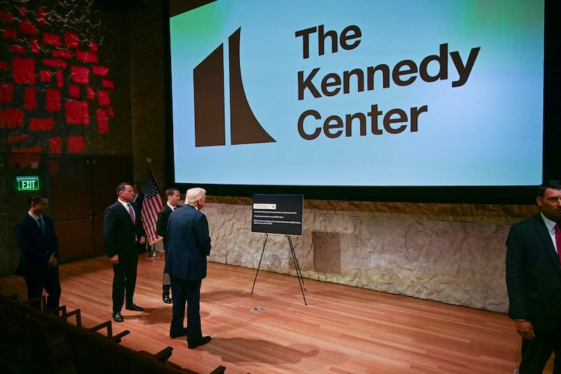 US President Donald Trump, alongside Kennedy Center Board of Trustees president Richard Grenell (L), and  and Trustees Sergio Gor, tours the John F. Kennedy Center for the Performing Arts in Washington, DC, on March 17, 2025.