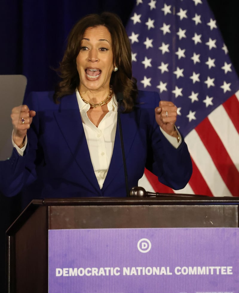 LOS ANGELES, CA - DECEMBER 12, 2025 Former U.S. Vice President Kamala Harris addresses delegates with the Democratic National Committee at their Winter Meeting at the InterContinental Hotel in downtown Los Angeles on December 12, 2025. (Genaro Molina/Los Angeles Times via Getty Images)