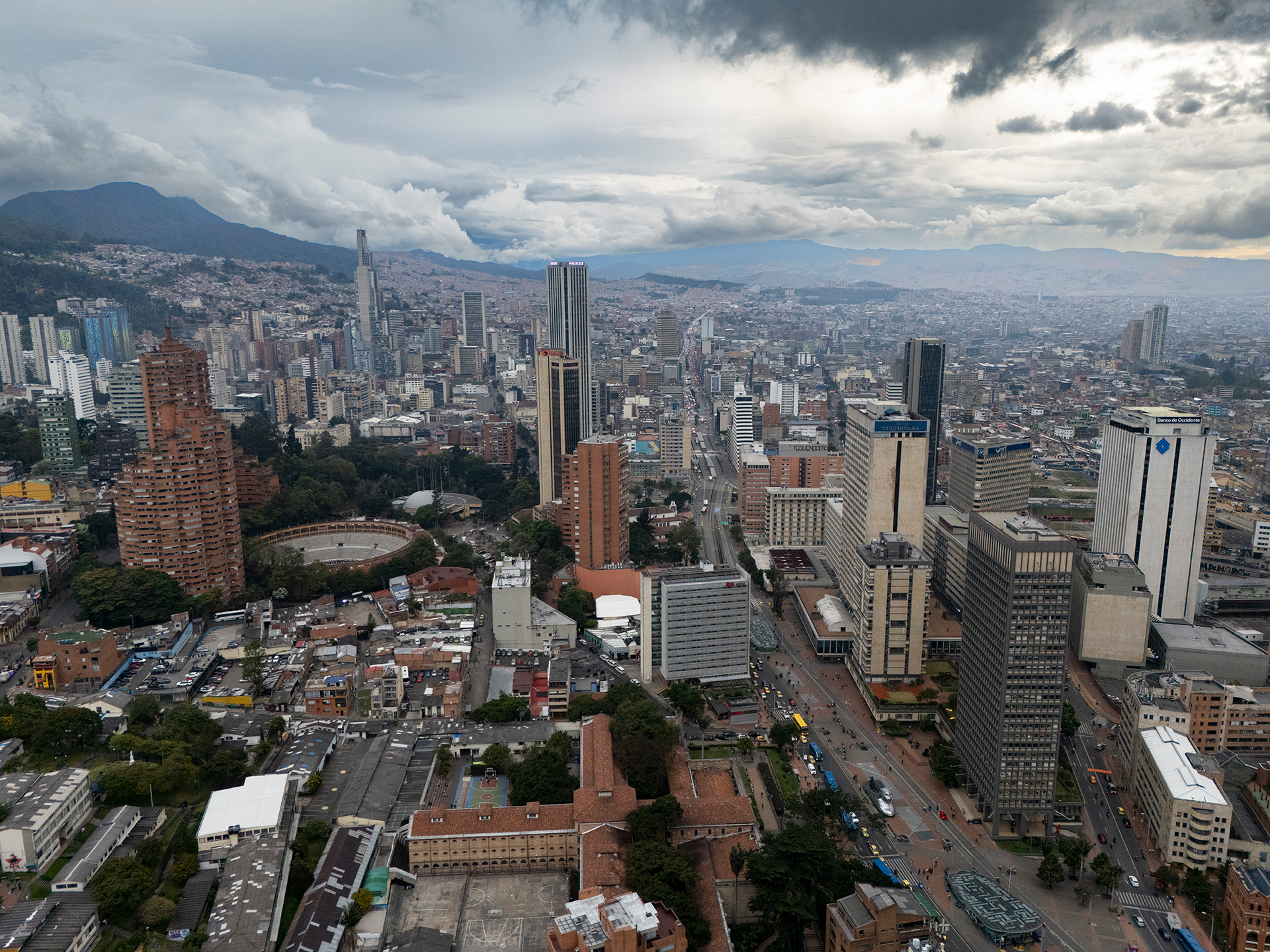 A view of downtown Bogotá, Colombia with mountains in the distance
