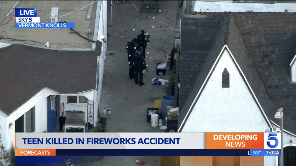 Aerial view of police investigating a backyard with debris from fireworks, with news overlay 