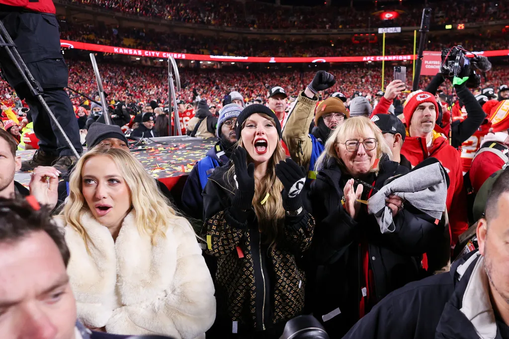 Brittany Mahomes, Taylor Swift, and Donna Kelce celebrate after the Kansas City Chiefs defeated the Buffalo Bills in the AFC Championship Game.