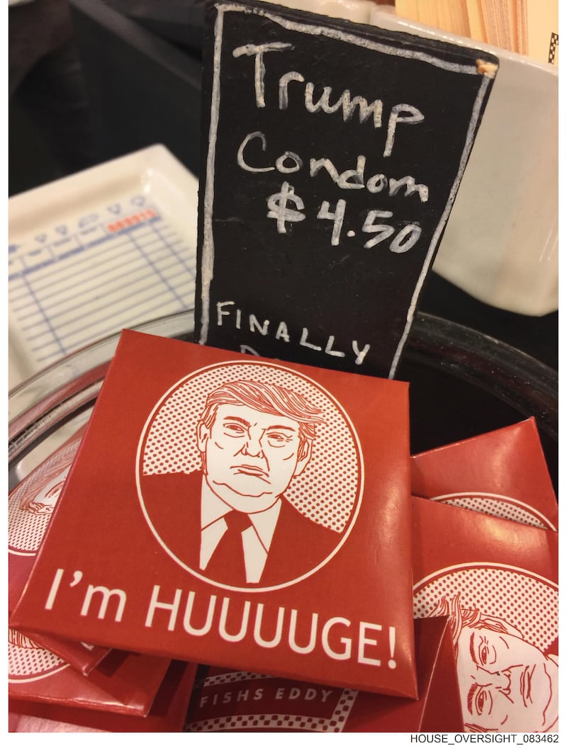 Condoms with a cartoon of Donald Trump and 