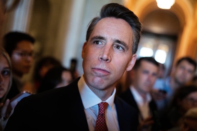 Sen. Josh Hawley, R-Mo., talks with reporters after the Senate luncheons in the U.S. Capitol on Tuesday, June 24, 2025.