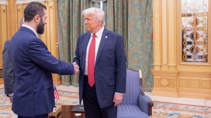 President Donald Trump meets with Syrian President Ahmed al-Sharaa in Riyadh, Saudi Arabia.