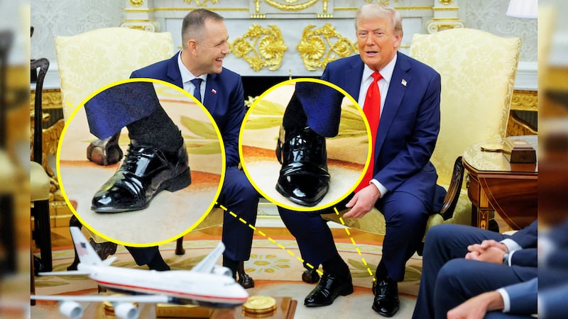 Yellow circles around President Donald Trump's ankles as he hosts the President of Poland Karol Nawrocki in the Oval Office at the White House in Washington, D.C., on Sept. 3, 2025.