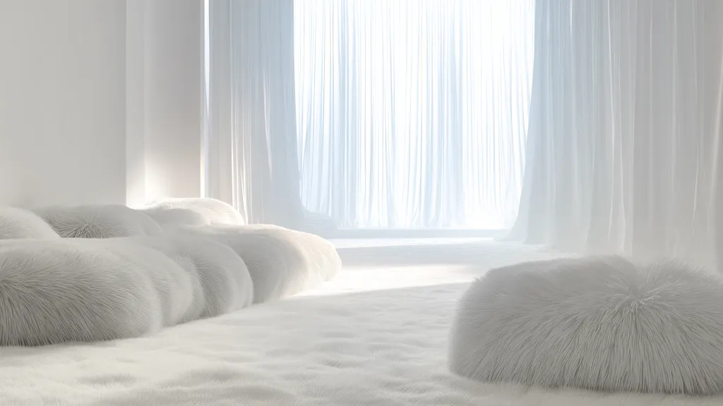 An all-white room with a plush white rug and circular fluffy white pillows on the floor, with white sheer curtains covering a large window.