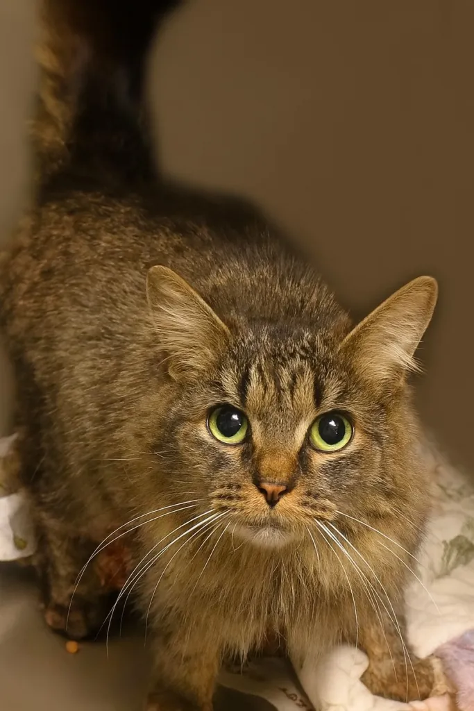 Brown tabby cat with bright green eyes looks intently at the camera.