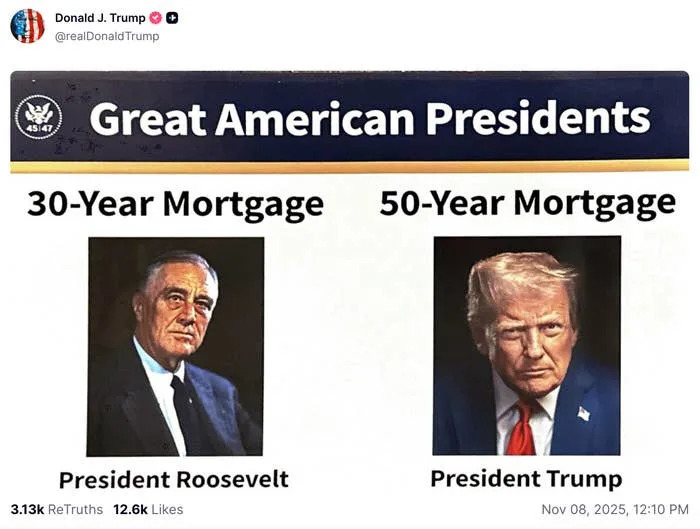 A Truth Social post from Donald J. Trump featuring two images side-by-side, labeled