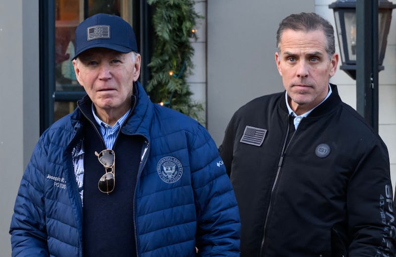 President Joe Biden and his son, Hunter Biden, stepping out of a bookstore while shopping in Nantucket, Massachusetts.
