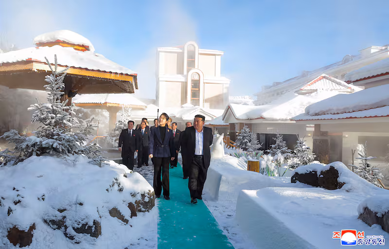 This picture taken on December 20, 2025 and released by North Korea's official Korean Central News Agency (KCNA) via KNS on December 23, 2025 shows North Korean leader Kim Jong Un (L) and his daughter Ju Ae inspecting the Ikkal Hotel, which was recently completed in the Samjiyon tourist district of Ryanggang Province. (Photo by KCNA VIA KNS / AFP via Getty Images) / South Korea OUT / ---EDITORS NOTE--- RESTRICTED TO EDITORIAL USE - MANDATORY CREDIT 