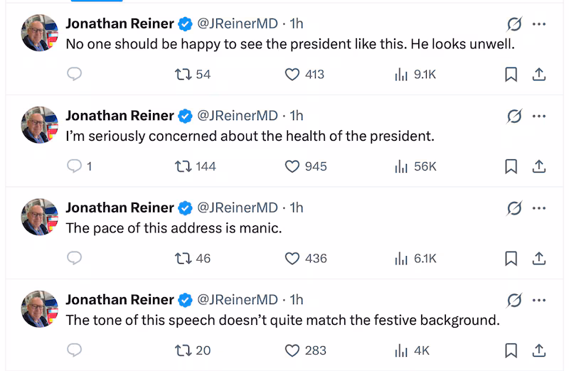 CNN Medical Analyst Jonathan Reiner posts repeatedly about Trump's health after his address to the nation.