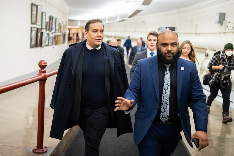 Rep. George Santos, R-N.Y., makes his way to the U.S. Capitol before the House voted to expel him from Congress on Friday, December 01, 2023.