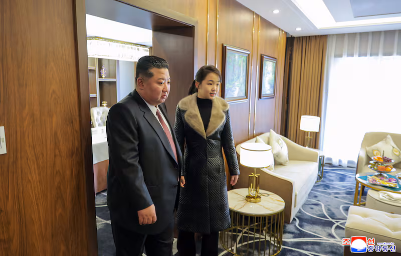 This picture taken on December 20, 2025 and released by North Korea's official Korean Central News Agency (KCNA) via KNS on December 23, 2025 shows North Korean leader Kim Jong Un (L) and his daughter Ju Ae inspecting the Ikkal Hotel, which was recently completed in the Samjiyon tourist district of Ryanggang Province. (Photo by KCNA VIA KNS / AFP via Getty Images) / South Korea OUT / ---EDITORS NOTE--- RESTRICTED TO EDITORIAL USE - MANDATORY CREDIT 