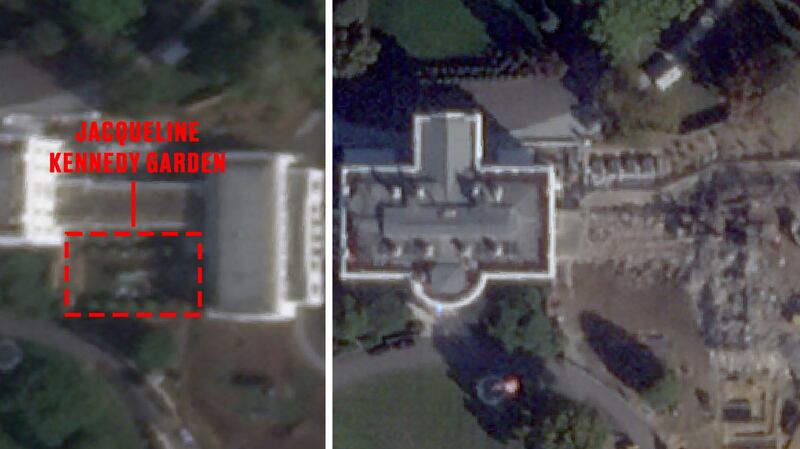 Before and after destruction of the White House’s East Wing and Jacqueline Kennedy garden satellite map.
